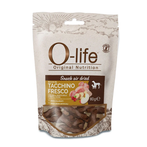O-life Dog Adult Grain Free Air Dried Snack carne essiccata 80 gr - Tacchino - 1° ORDINE? scegli lo sconto BZR5 / BZR20 + 200 punti fedeltà