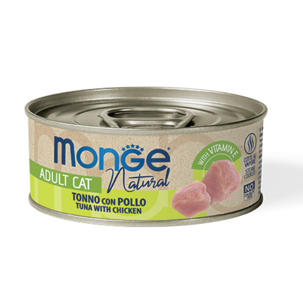 Image of Monge Natural Adult cottura al vapore 80 gr - Tonno con Pollo - Confezione da 6 pezzi - Cibo umido per gatti - 1° ORDINE? scegli lo sconto BZR5 / BZR20 + 200 punti fedeltà010