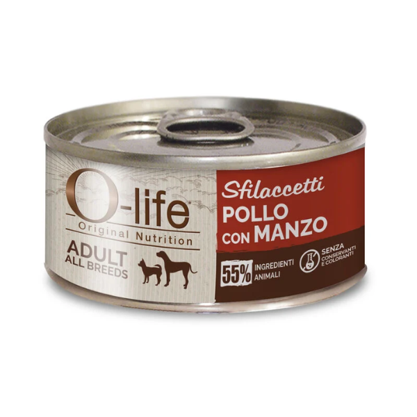 O-life Dog Adult Sfilaccetti 85 gr - Pollo e manzo - Confezione da 6 pezzi - Cibo Umido per Cani - 1° ORDINE? scegli lo sconto BZR5 / BZR20 + 200 punti fedeltà