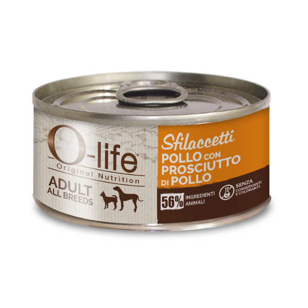 O-life Dog Adult Sfilaccetti 85 gr - Pollo e prosciutto - Confezione da 6 pezzi - Cibo Umido per Cani - 1° ORDINE? scegli lo sconto BZR5 / BZR20 + 200 punti fedeltà