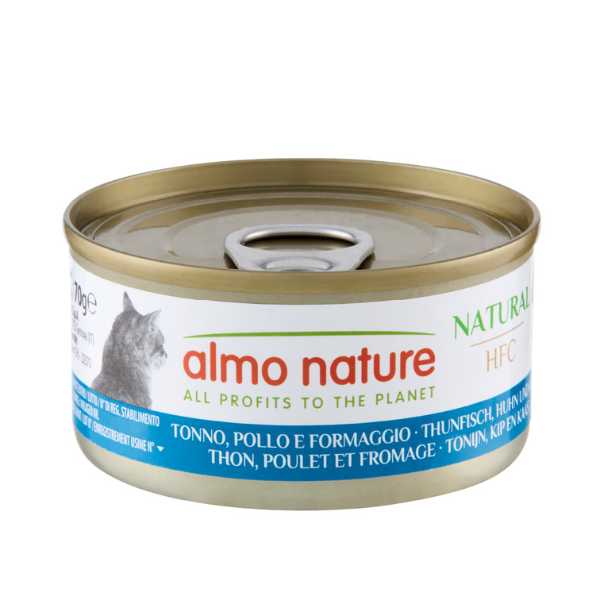 Almo Nature HFC Natural monoproteico Cat 70 gr - Tonno, Pollo e Formaggio - Confezione da 6 pezzi - Cibo umido per gatti - 1° ORDINE? scegli lo sconto BZR5 / BZR20 + 200 punti fedeltà