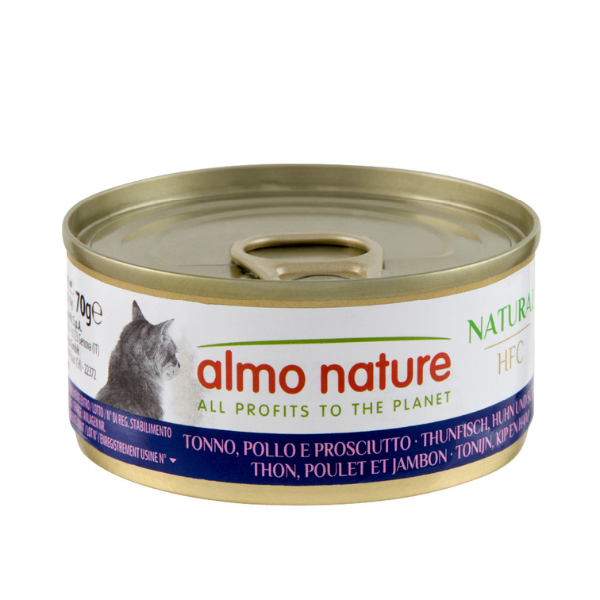 Almo Nature HFC Natural monoproteico Cat 70 gr - Tonno, Pollo e Prosciutto - Confezione da 6 pezzi - Cibo umido per gatti - 1° ORDINE? scegli lo sconto BZR5 / BZR20 + 200 punti fedeltà