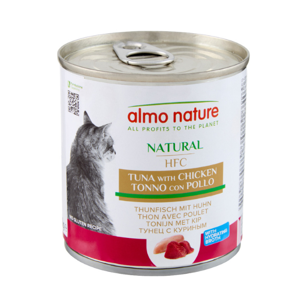 Image of Almo Nature HFC Natural in brodo di cottura 280 gr - Tonno e Pollo - Confezione da 6 pezzi - Cibo monoproteico gatto - 1° ORDINE? scegli lo sconto BZR5 / BZR20 + 200 punti fedeltà010
