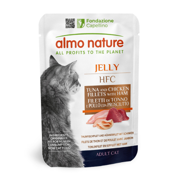 Almo Nature HFC Jelly Adult 55 gr - Tonno, Pollo e Prosciutto - Confezione da 24 pezzi - Cibo umido per gatti - Cibo monoproteico gatto - 1° ORDINE? scegli lo sconto BZR5 / BZR20 + 200 punti fedeltà