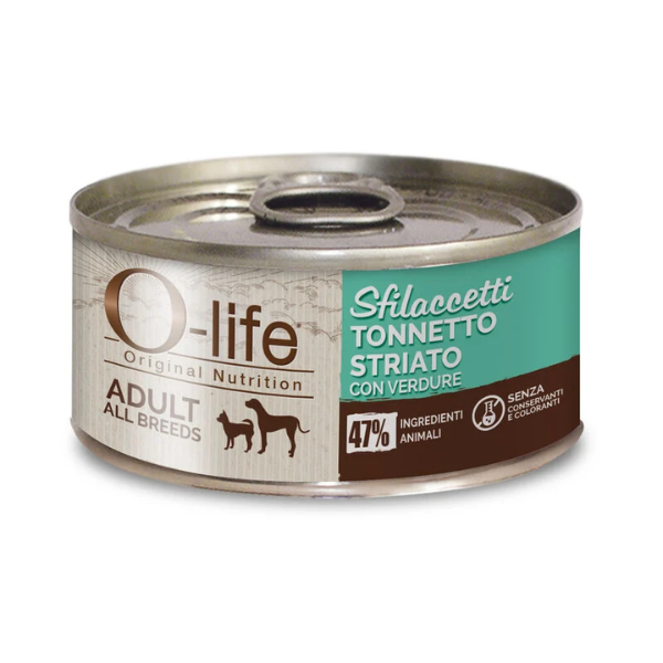O-life Dog Adult Sfilaccetti 85 gr - Tonnetto striato con verdure - Confezione da 6 pezzi - Cibo Umido per Cani - 1° ORDINE? scegli lo sconto BZR5 / BZR20 + 200 punti fedeltà