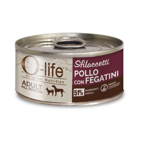 O-life Dog Adult Sfilaccetti 85 gr - Pollo e fegatini - Confezione da 6 pezzi - Cibo Umido per Cani - 1° ORDINE? scegli lo sconto BZR5 / BZR20 + 200 punti fedeltà