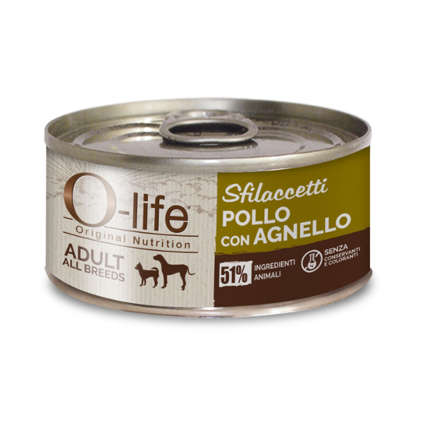 O-life Dog Adult Sfilaccetti 85 gr - Pollo e agnello - Confezione da 6 pezzi - Cibo Umido per Cani - 1° ORDINE? scegli lo sconto BZR5 / BZR20 + 200 punti fedeltà