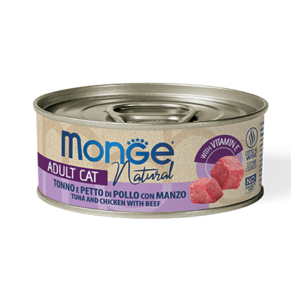 Image of Monge Natural Adult cottura al vapore 80 gr - Tonno, Petto di Pollo e Manzo - Confezione da 6 pezzi - Cibo umido per gatti - 1° ORDINE? scegli lo sconto BZR5 / BZR20 + 200 punti fedeltà010
