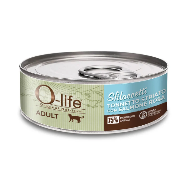 O-life Cat Adult Sfilaccetti 70 gr - Tonnetto striato e salmone - Confezione da 6 pezzi - Cibo umido per gatti - 1° ORDINE? scegli lo sconto BZR5 / BZR20 + 200 punti fedeltà