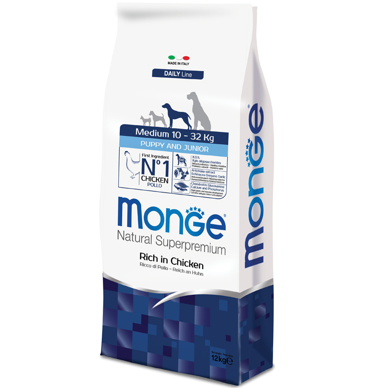 Image of Monge Natural Superpremium Medium Puppy & Junior Ricco di Pollo - 12 kg Croccantini per cani