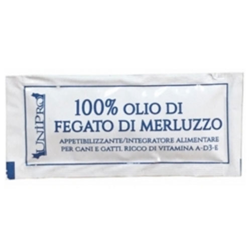 Immagine di Unipro Olio di pesce Integratore alimentare per cani e gatti - Olio di Fegato di Merluzzo - Bustina 10 gr