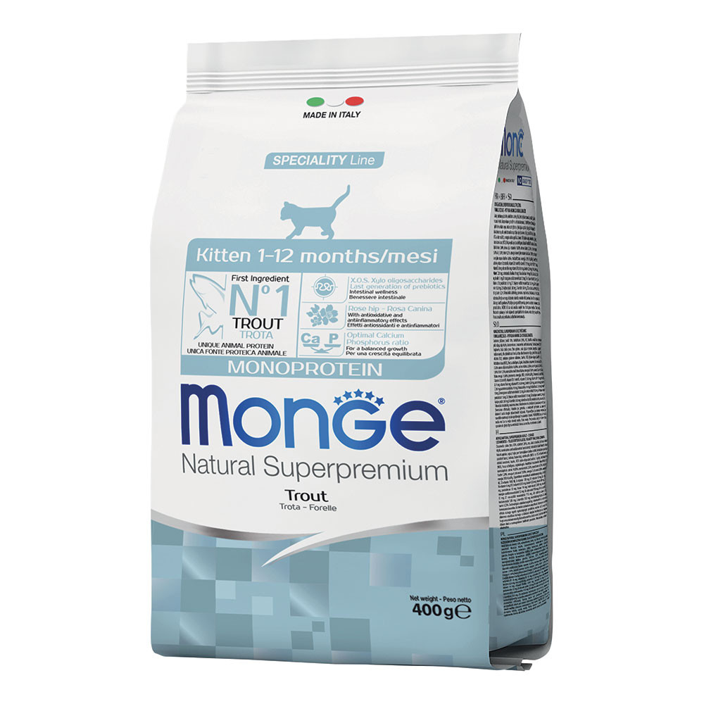 Image of Monge Natural Superpremium Kitten Monoprotein con Trota - 400 gr Croccantini per gatti Monoproteico crocchette cani