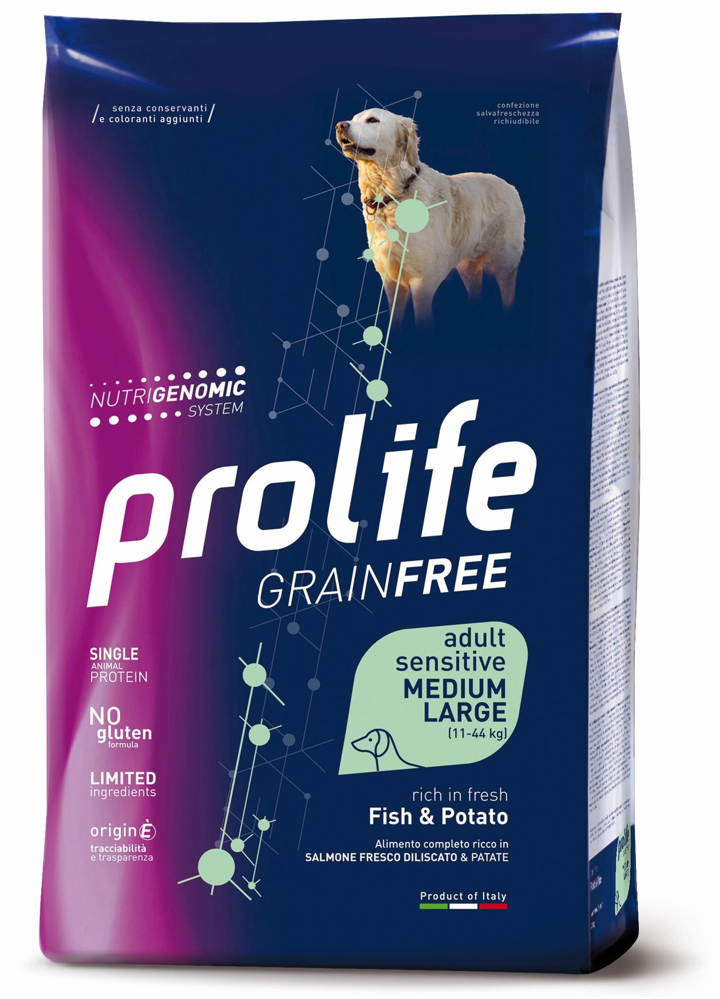 Image of Prolife Grain Free Cane Adult Sensitive Medium/Large Pesce e Patate - 2,5 kg Croccantini per cani
