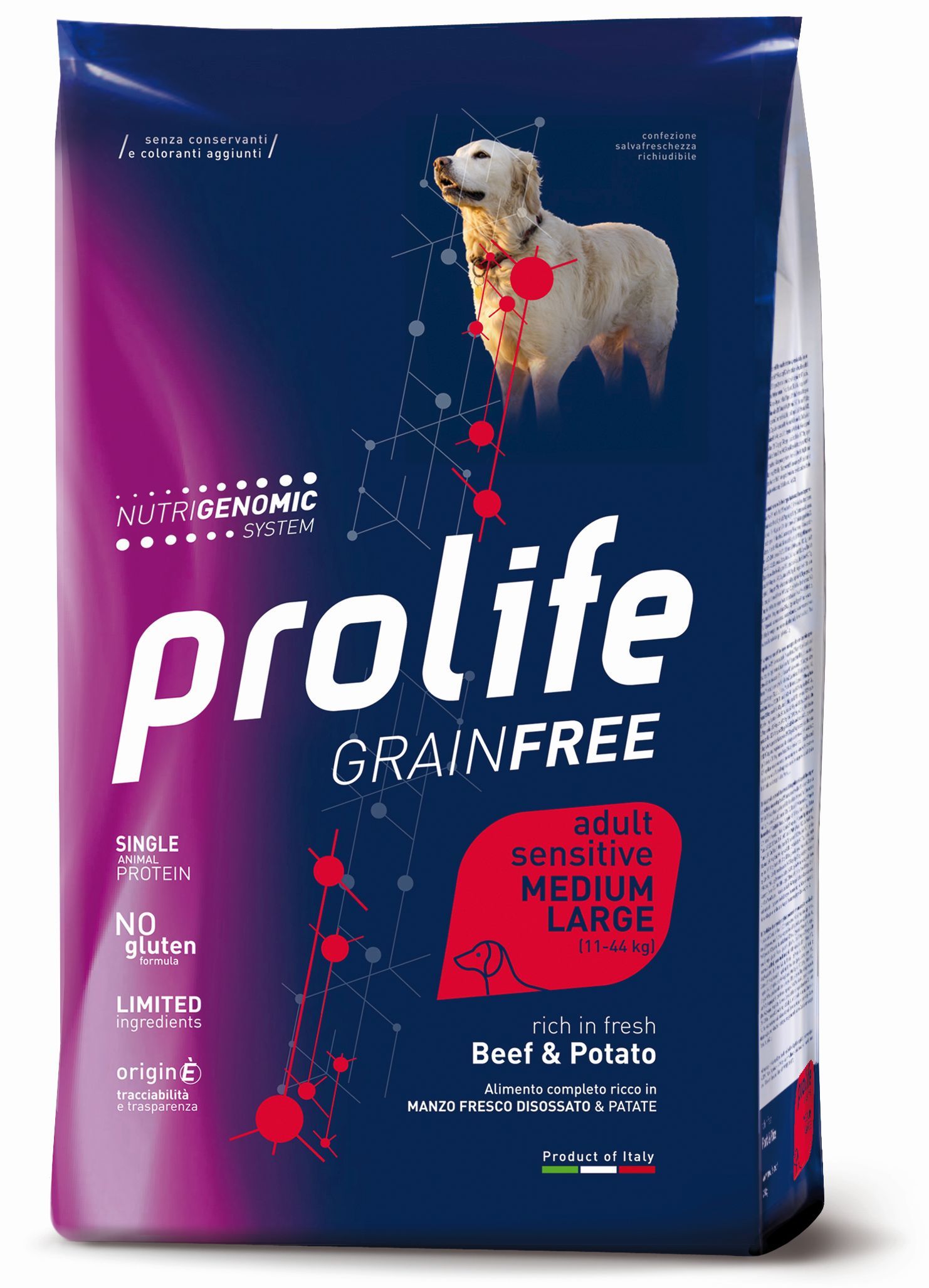 Image of Prolife Grain Free Cane Adult Sensitive Medium/Large Manzo e Patate - 10 kg Croccantini per cani