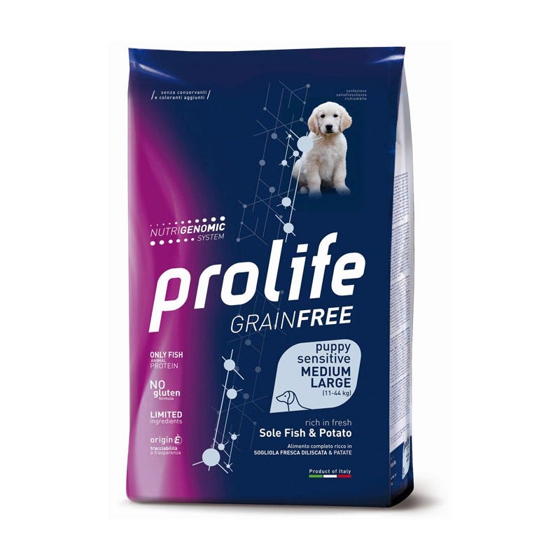 Image of Prolife Grain Free Cane Puppy Sensitive Medium/Large Sogliola e Patate - 10 kg Croccantini per cani