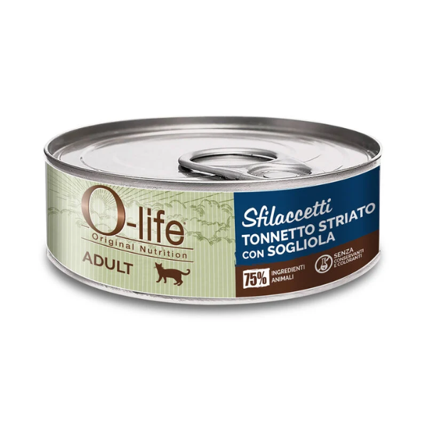 O-life Cat Adult Sfilaccetti 70 gr - Tonnetto striato e sogliola - Confezione da 6 pezzi - Cibo umido per gatti - 1° ORDINE? scegli lo sconto BZR5 / BZR20 + 200 punti fedeltà