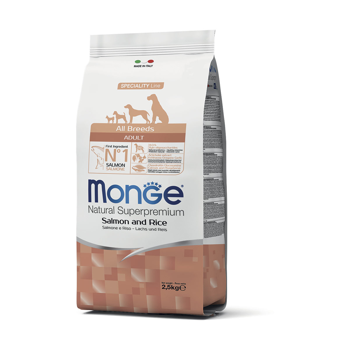 Image of Monge Natural Superpremium All Breeds Adult Monoprotein Salmone con Riso - 2,5 kg Croccantini per cani Monoproteico crocchette cani