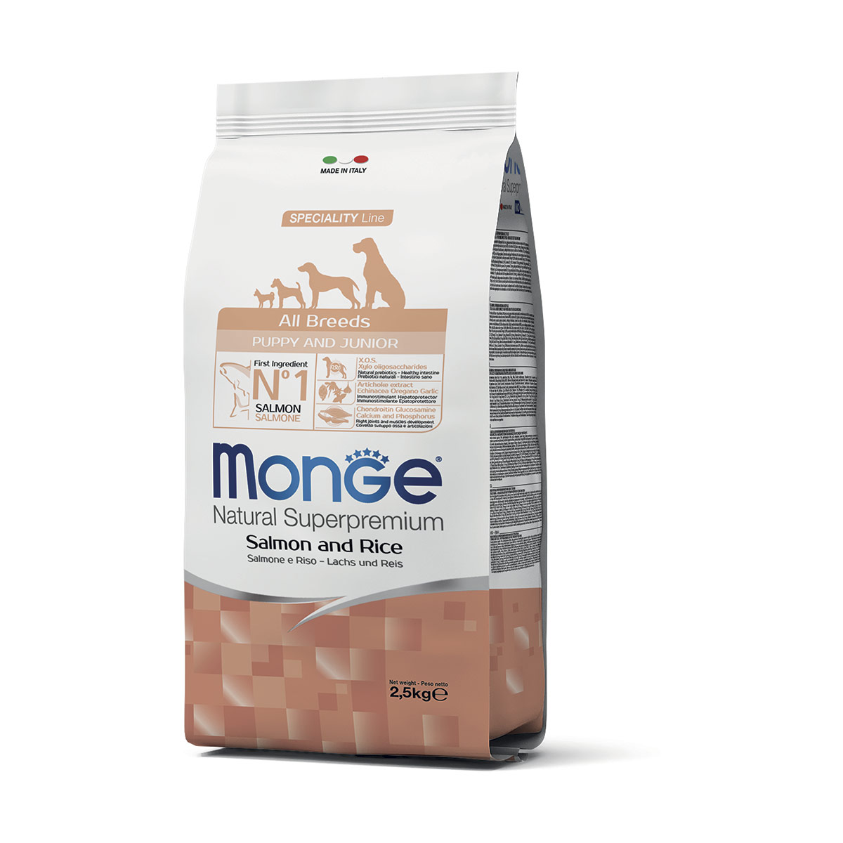 Image of Monge Natural Superpremium All Breeds Puppy & Junior Monoprotein Salmone con Riso - 2,5 kg Croccantini per cani Monoproteico crocchette cani