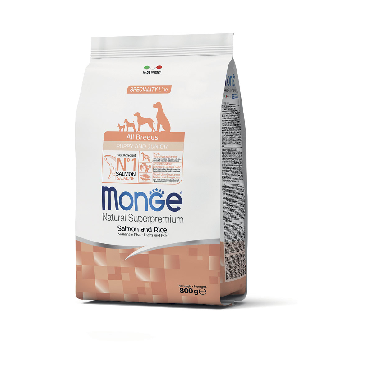 Image of Monge Natural Superpremium All Breeds Puppy & Junior Monoprotein Salmone con Riso - 800 gr Croccantini per cani Monoproteico crocchette cani