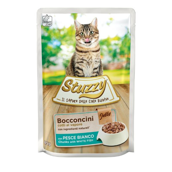 Image of Stuzzy Cat Bocconcini cotti al vapore in Gelatina 85 gr - Pesce bianco Confezione da 24 pezzi Cibo umido per gatti