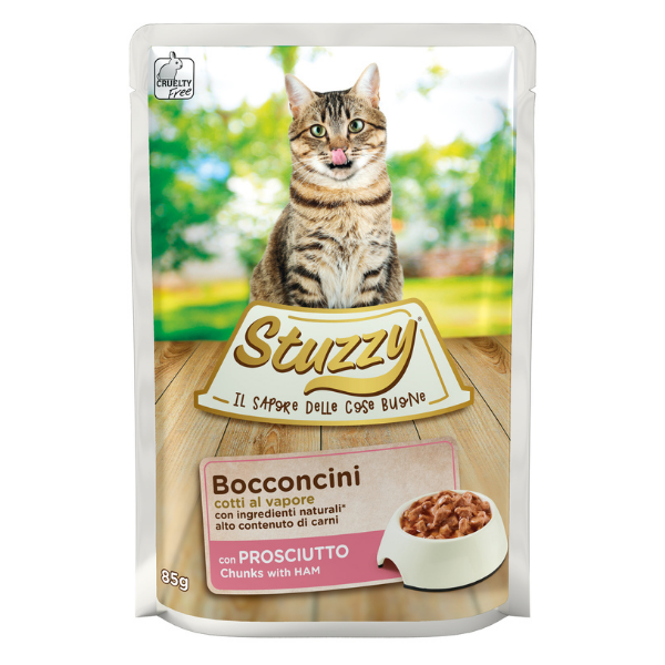 Image of Stuzzy Cat Bocconcini cotti al vapore 85 gr - Prosciutto Confezione da 24 pezzi Cibo umido per gatti