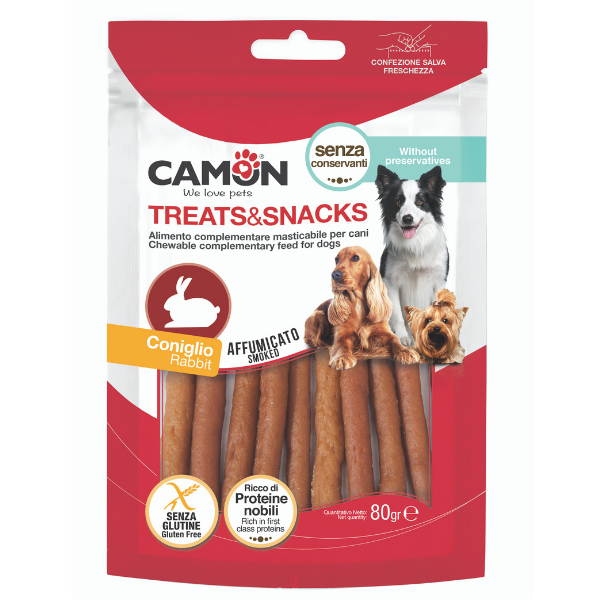 Camon Treats e Snacks per cani - Strips affumicati di coniglio - 80 gr