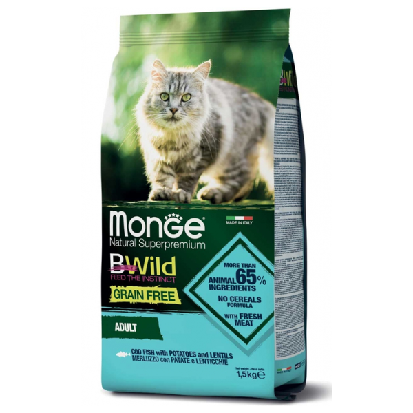Monge Bwild Cat Adult Grain Free Merluzzo con patate e lenticchie - 1,5 kg