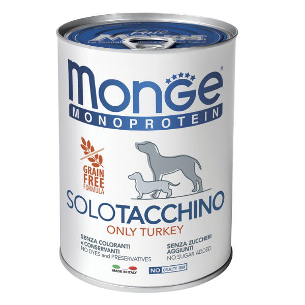 Monge Monoprotein SOLO Patè Grain Free 400 gr - Tacchino - Confezione da 6 pezzi - Umido Monoproteico Cane - 1° ORDINE? scegli tra BZR5 / BZR20 + 200 pt fedeltà