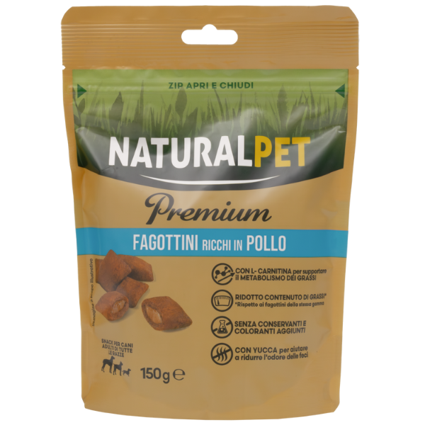 NaturalPet Premium Dog Adult All Breeds Fagottini snack funzionali 150 gr - Pollo - Low Fat: Controllo dei grassi - 1° ORDINE? scegli tra BZR5 / BZR20 + 200 pt fedeltà