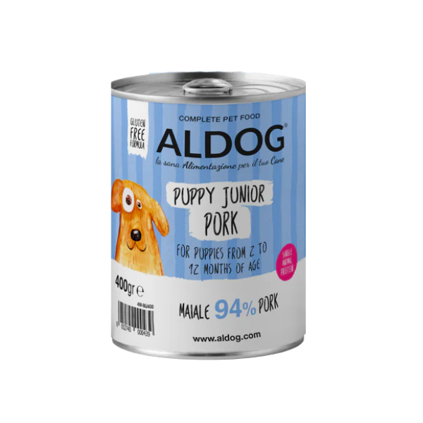 Aldog Super Premium Puppy e Junior All Breeds 400 gr - Maiale - Confezione da 6 pezzi - Umido Monoproteico Cane - 1° ORDINE? scegli tra BZR5 / BZR20 + 200 pt fedeltà