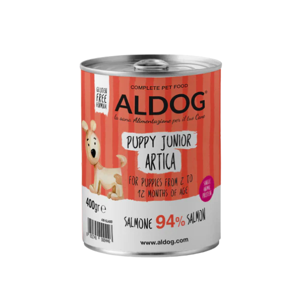 Aldog Super Premium Puppy e Junior All Breeds 400 gr - Salmone - Confezione da 6 pezzi - Umido Monoproteico Cane - 1° ORDINE? scegli tra BZR5 / BZR20 + 200 pt fedeltà