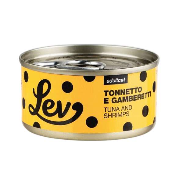 Lev Cat Adult Complementare 70 gr - tonnetto e gamberetti - Confezione da 24 pezzi - Cibo umido per gatti - 10% sconto su LEV CAT con codice: NCBLACK