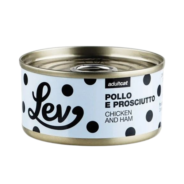 Lev Cat Adult Complementare 70 gr - pollo e prosciutto - Confezione da 24 pezzi - Cibo umido per gatti - 10% sconto su LEV CAT con codice: NCBLACK