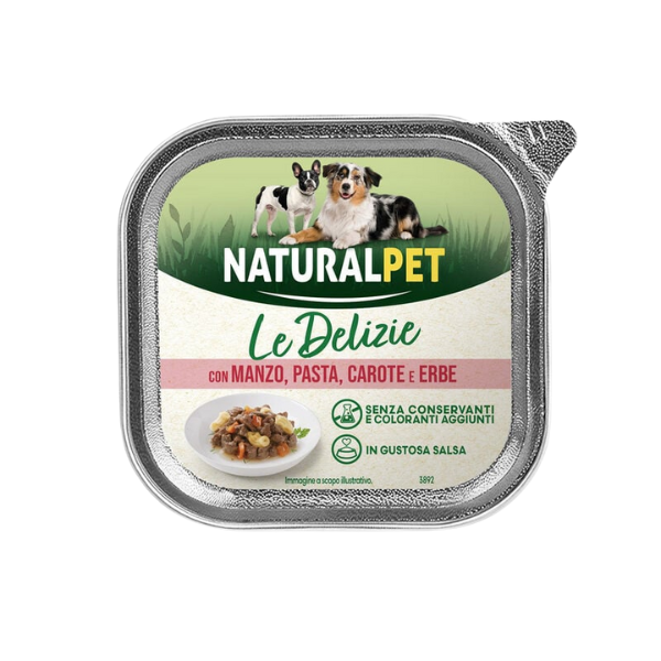 NaturalPet Le Delizie Paté in salsa Dog Adult All Breeds 150 gr - Manzo, pasta, carote ed erbe - Confezione da 6 pezzi- Sped. gratis da 29€
