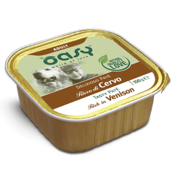 Image of Oasy Wet Dog Delizioso Patè 150 gr - Cervo Confezione da 11 pezzi Cibo Umido per Cani