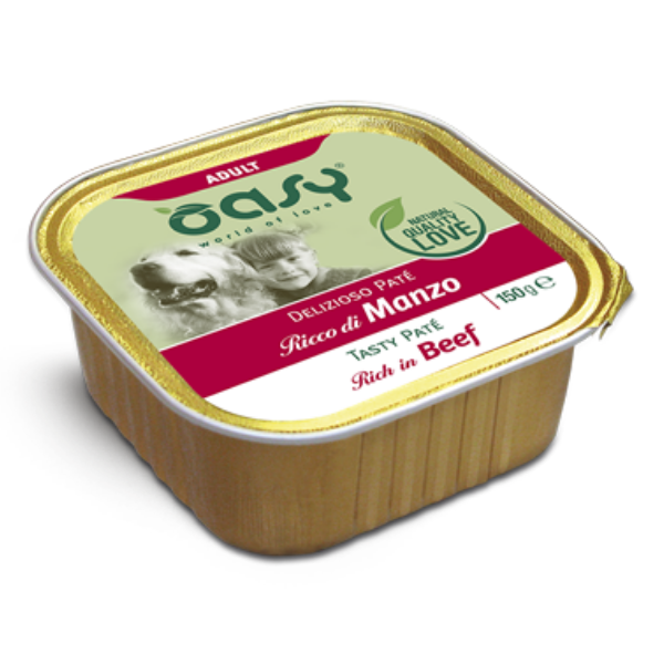 Image of Oasy Wet Dog Delizioso Patè 150 gr - Manzo Confezione da 11 pezzi Cibo Umido per Cani