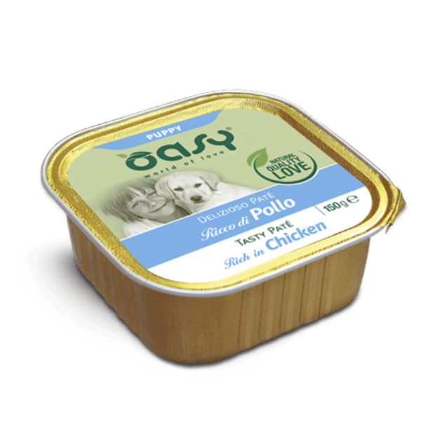 Image of Oasy Wet Dog Delizioso Patè 150 gr - PUPPY Pollo Confezione da 11 pezzi Cibo Umido per Cani