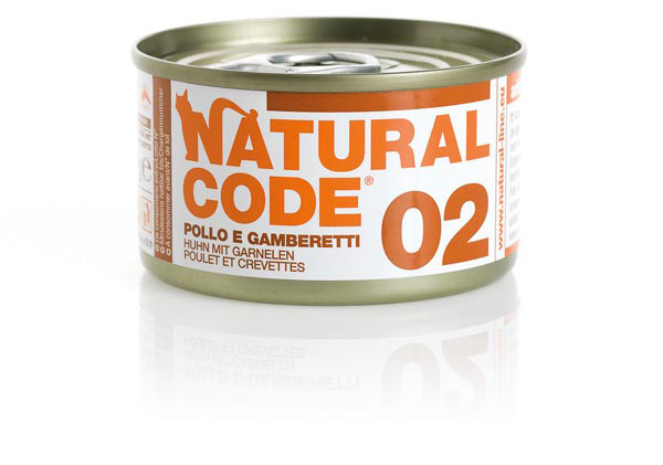 Image of Natural Code acqua di cottura 85 gr - 02 - Pollo e Gamberetti Confezione da 24 pezzi Cibo umido per gatti