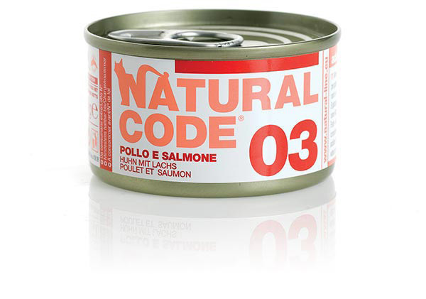 Image of Natural Code acqua di cottura 85 gr - 03 - Pollo e Salmone Confezione da 24 pezzi Cibo umido per gatti