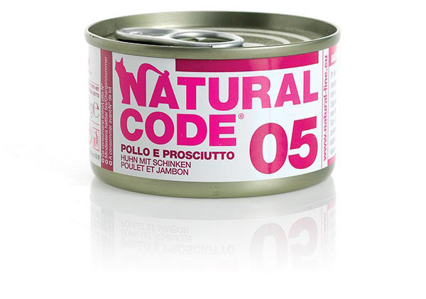 Image of Natural Code acqua di cottura 85 gr - 05 - Pollo e Prosciutto Confezione da 24 pezzi Cibo umido per gatti