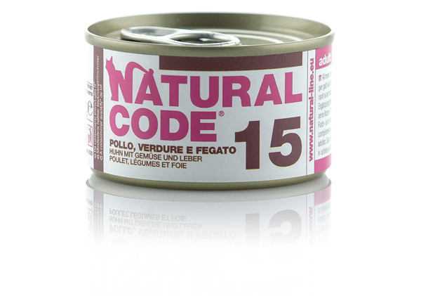 Image of Natural Code acqua di cottura 85 gr - 15 - Fiocchi di Pollo, Verdure e Fegato Confezione da 24 pezzi Cibo umido per gatti