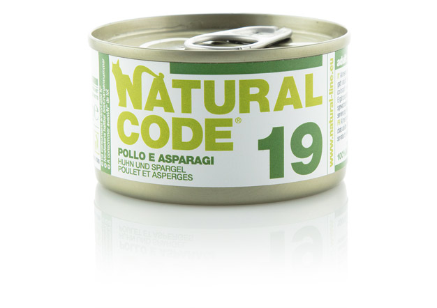Image of Natural Code acqua di cottura 85 gr - 19 - Pollo, Asparagi e Riso Confezione da 24 pezzi Cibo umido per gatti