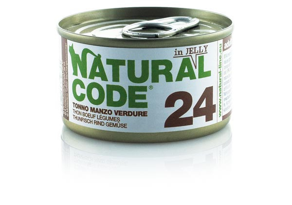 Image of Natural Code acqua di cottura in Jelly 85 gr - 24 - Tonno, Manzo e Verdure Confezione da 24 pezzi Cibo umido per gatti