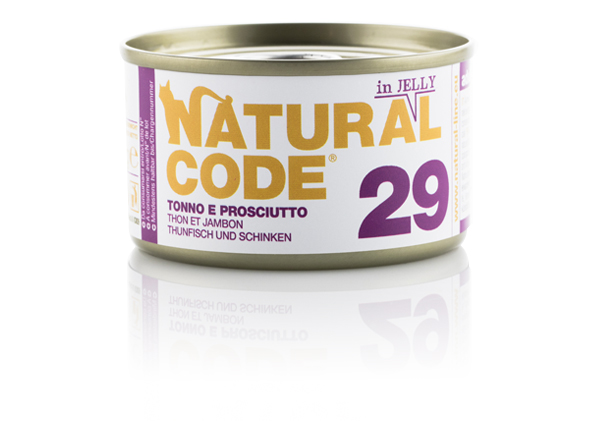 Image of Natural Code acqua di cottura in Jelly 85 gr - 29 - Tonno e Prosciutto Confezione da 24 pezzi Cibo umido per gatti
