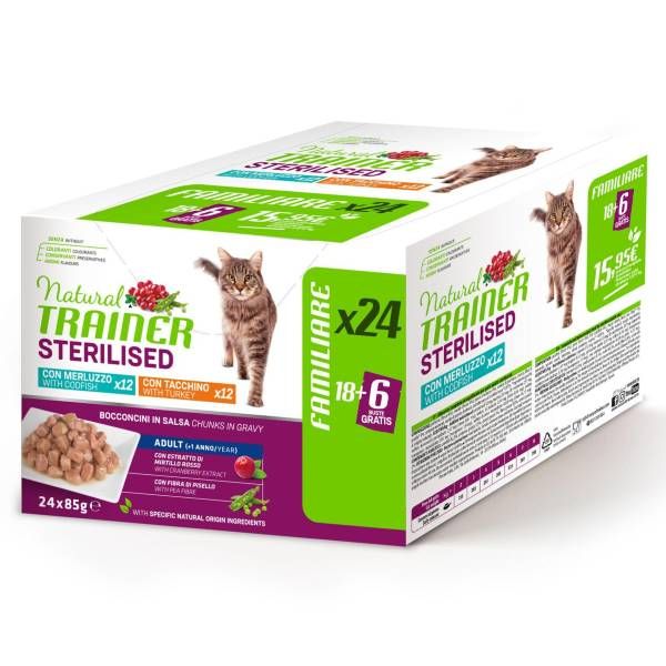Image of Natural Trainer Cat Sterilised multipack 24 x 85 gr - Tacchino - Merluzzo Cibo umido per gatti