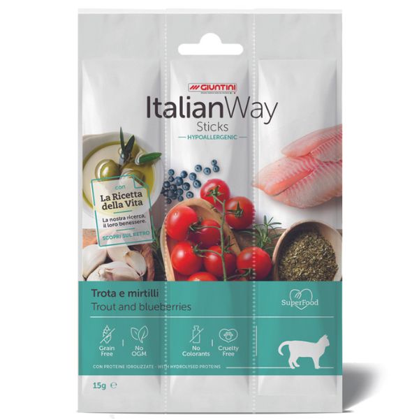 Immagine di ItalianWay Sticks Hypoallergenic Gatto 15 gr - Trota e Mirtilli