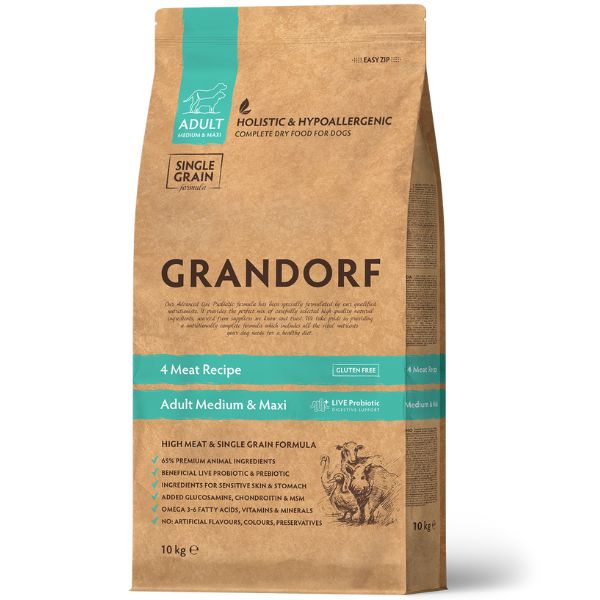 Image of Grandorf Dog Adult Medium/Maxi Hypoallergenic 4 Meat Recipe - 10 Kg Croccantini per cani