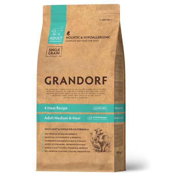 grandorf dog adult medium/maxi hypoallergenic 4 meat recipe - 3 kg croccantini per cani uomo