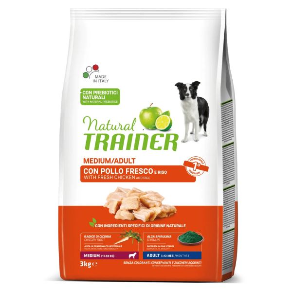 Image of Natural Trainer Adult Medium con Pollo Fresco e riso - 3 kg Croccantini per cani