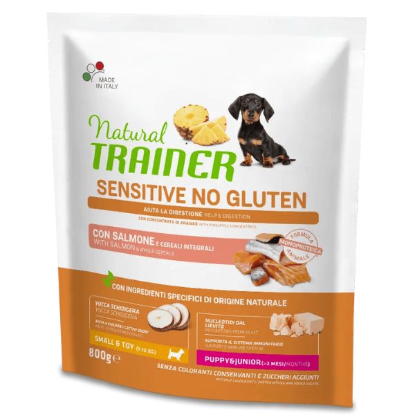 Image of Natural Trainer Sensitive No Gluten Small/Toy Puppy e Junior con Salmone - 800 gr Croccantini per cani